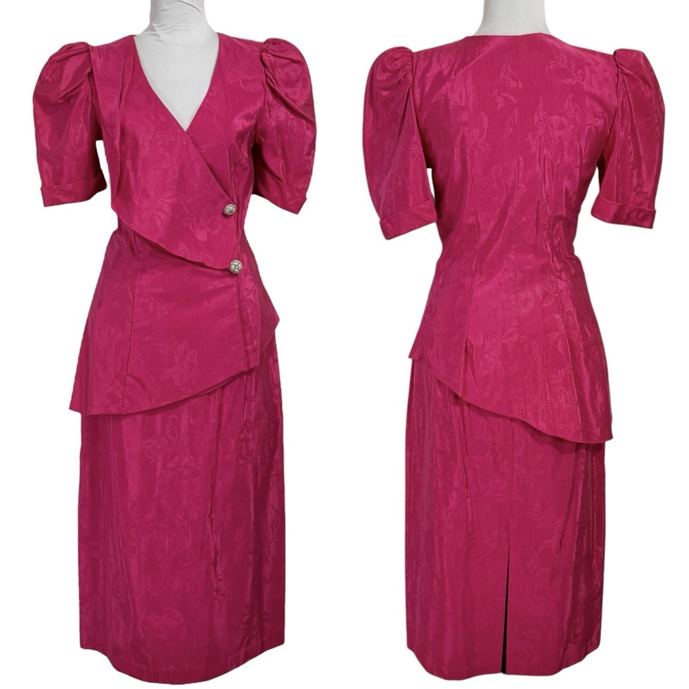 Vintage Puff Sleeve Midi Skirt Suit Set Size 2 Hot Pink Floral Brocade Union 80s